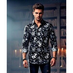 Men's Small Halloween Button Front Shirt Black with Silver Metallic Ghosts Webs